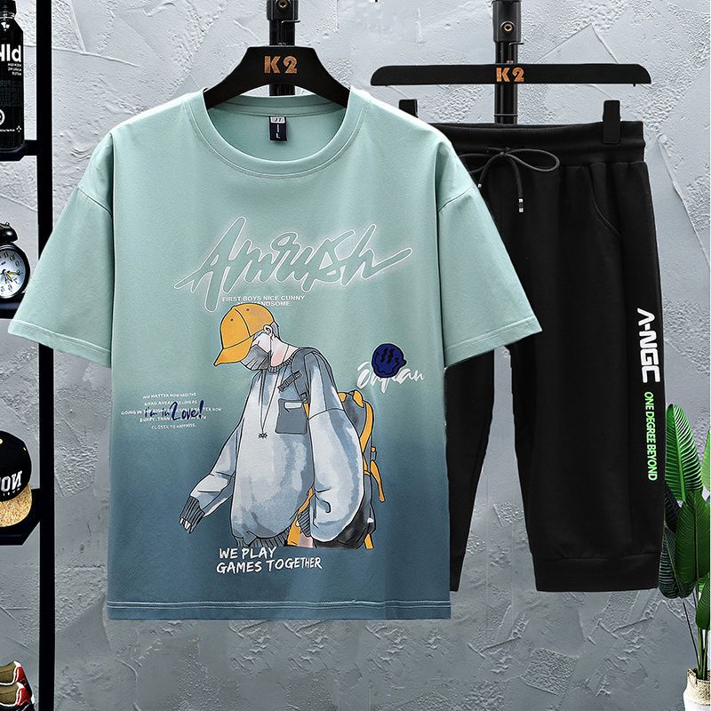 初中学生纯棉短袖套装12-16岁青少年夏季男大童男士装潮流t恤汗衫