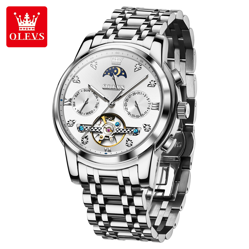 欧利时男士手表防水日历月相42mm镂空陀飞轮全自动机械腕表6678