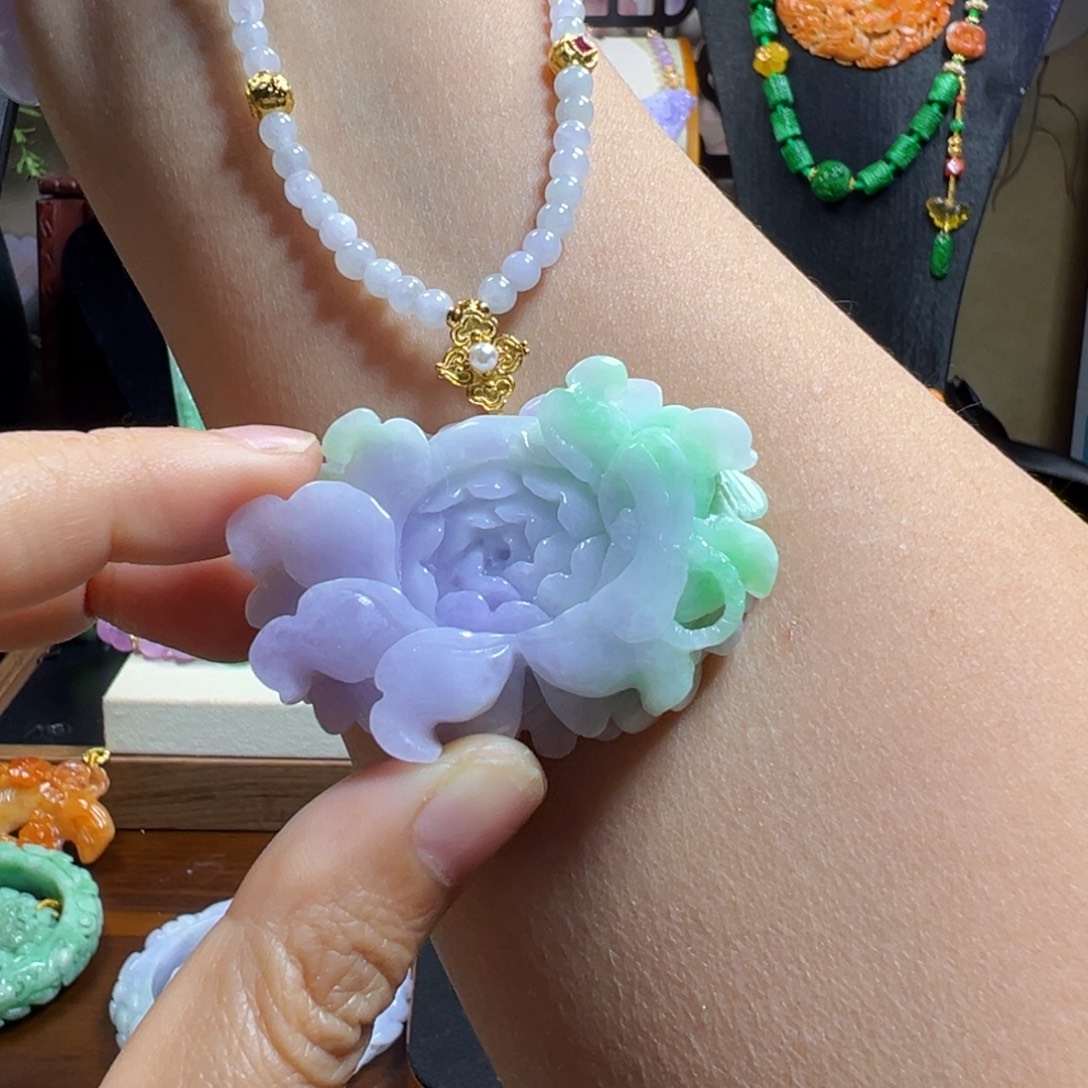 翡翠未镶嵌毛衣链紫春彩花花