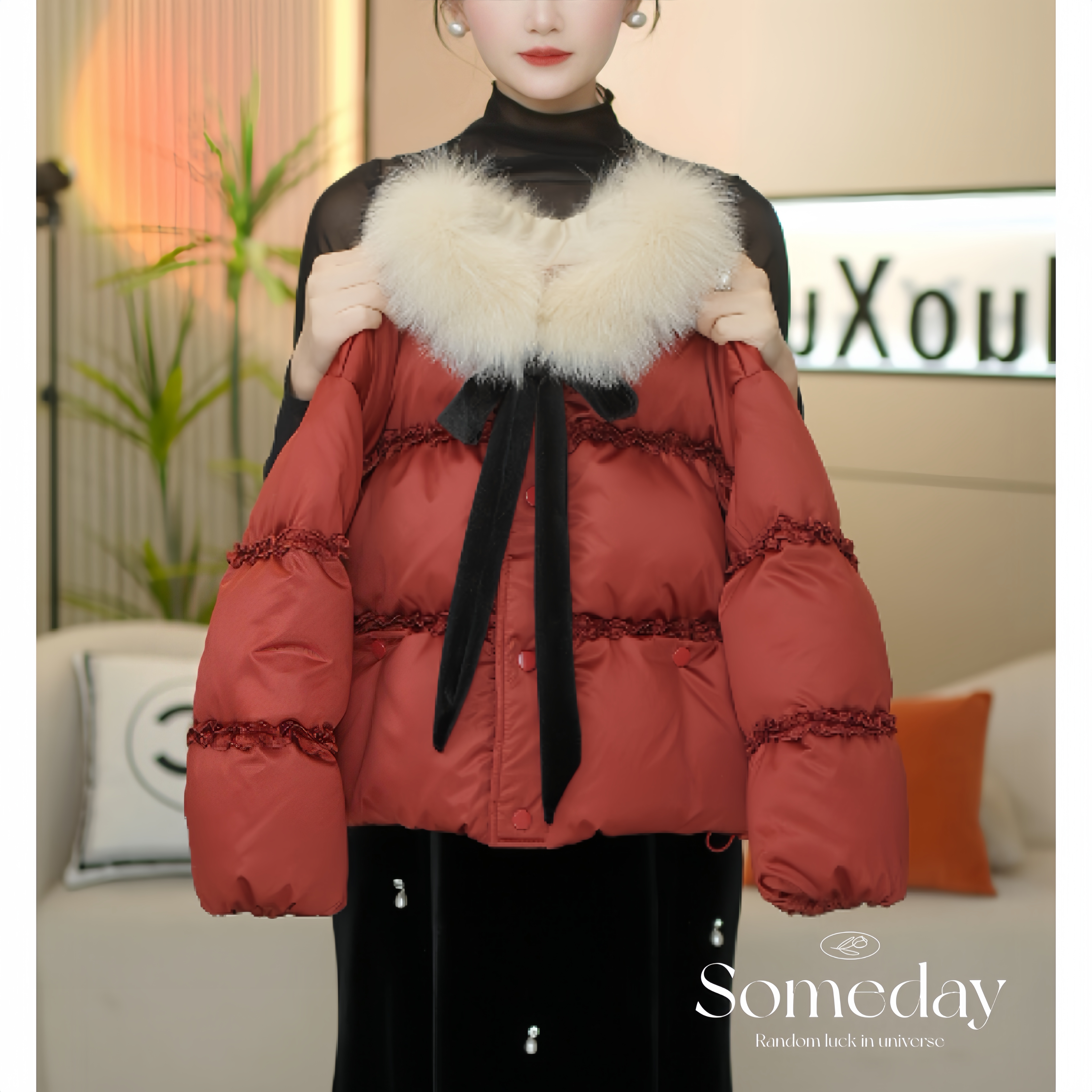 女童2025冬季新款韩版洋气过年红花边加厚棉衣棉服-0279