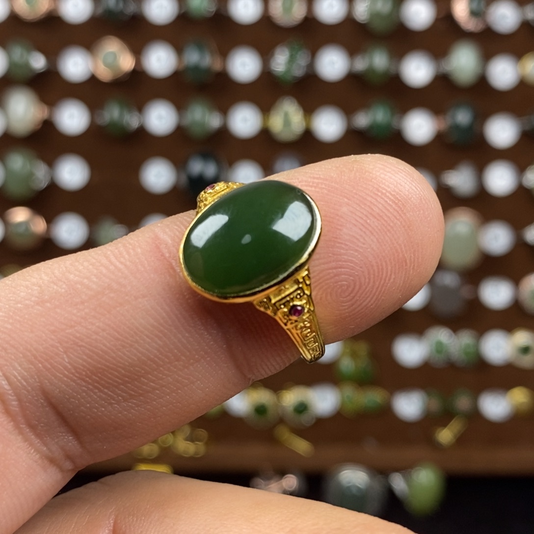 和田玉（碧玉）戒指银S925镀金镶嵌官****府