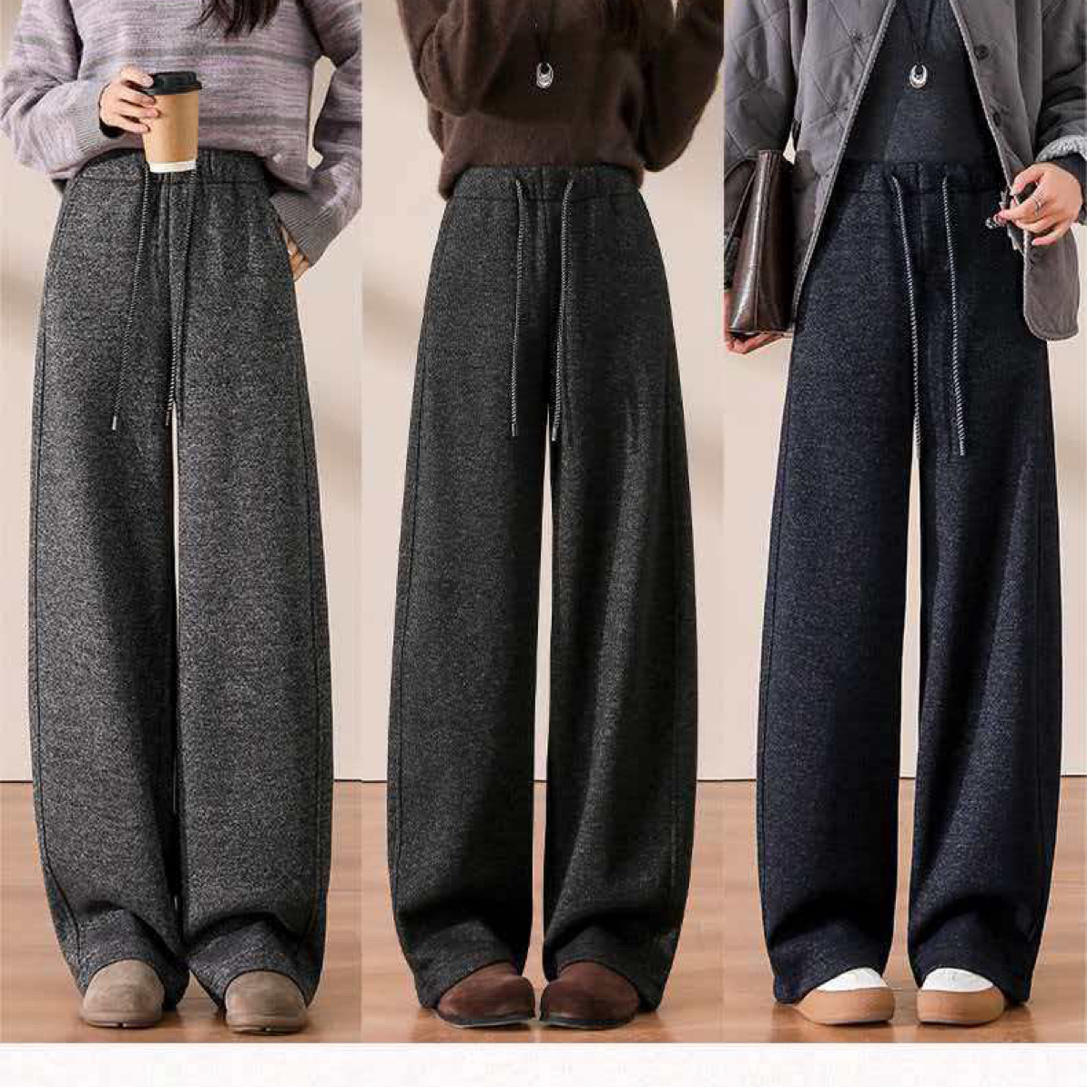 加绒毛呢阔腿裤女2025秋冬新款高腰无口袋休闲绵羊毛直筒弯刀裤
