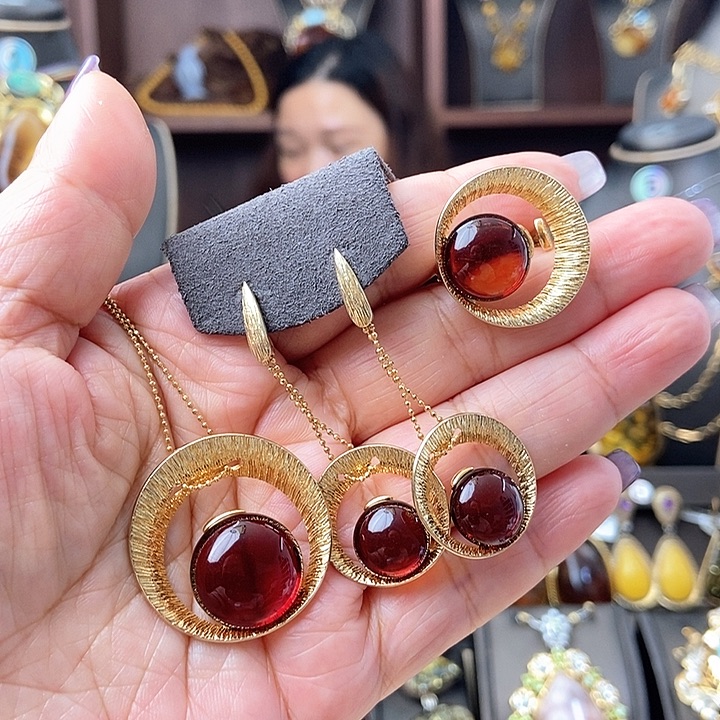 琥珀颈饰银S925镶嵌套装