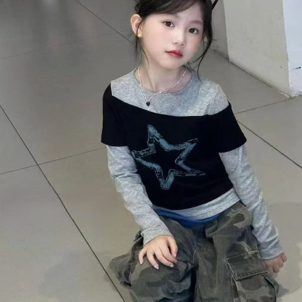 女童春秋款长袖T恤儿童洋气时髦秋季假两件打底衫2025新款中大童