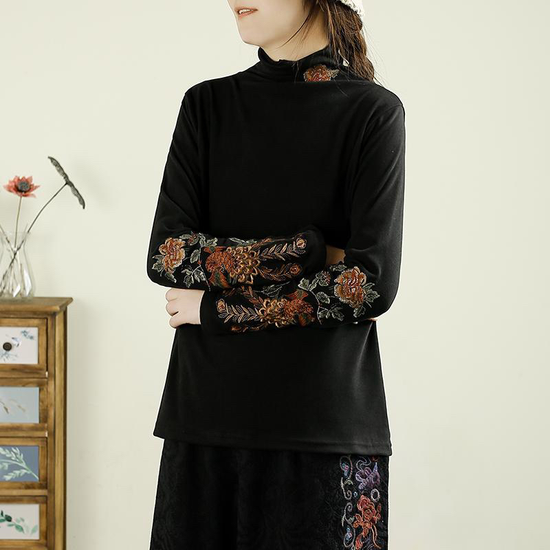 长袖植物花卉T恤绣花t恤抗皱半高领百搭显瘦刺绣保暖