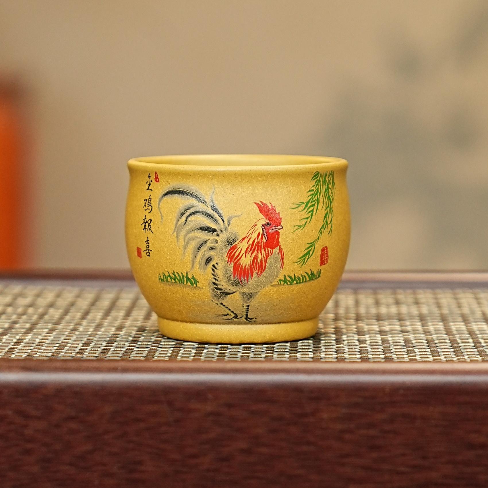 宜兴紫砂茶具 原矿段泥泥料手工手绘金鸡报喜主人杯品茗杯