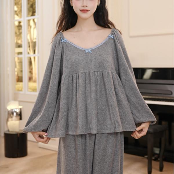 VINEEMAN【逸梦云裳】秋冬韩风简约v领蕾丝花边蝴蝶结高级灰睡衣