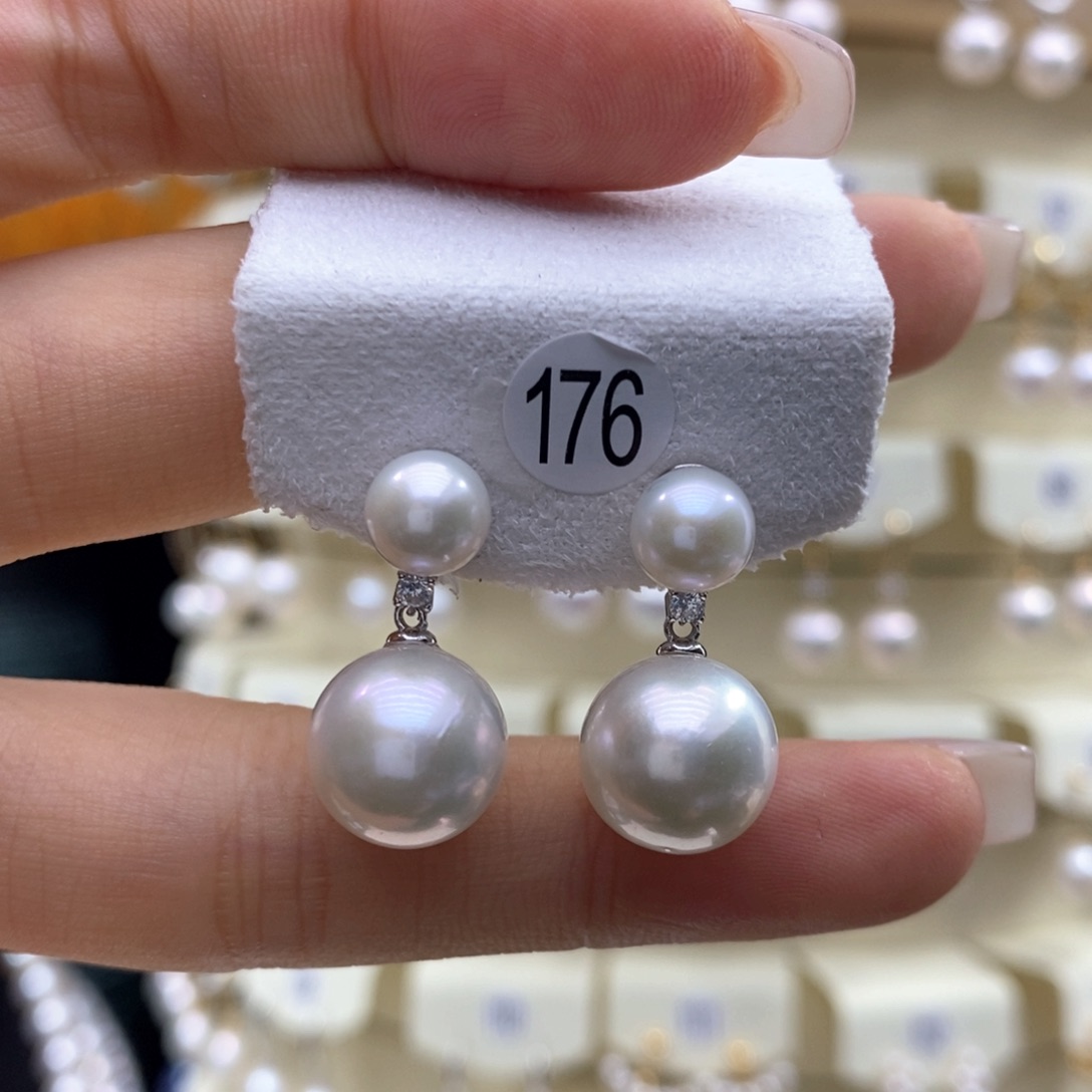 淡水珍珠耳饰银S925镶嵌大珠13-14，小珠8