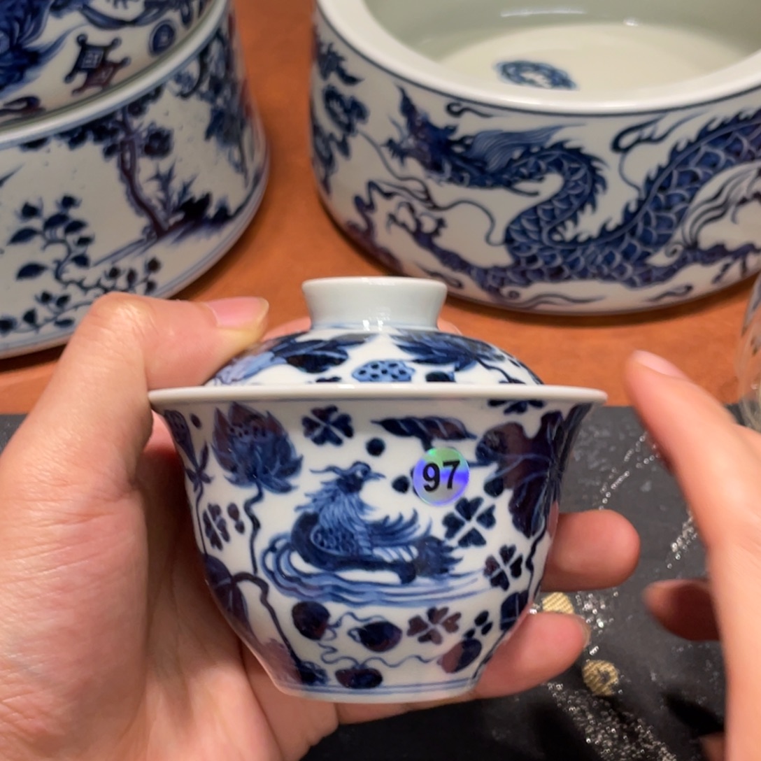 微瑕一个框点纯手绘满池娇盖碗97