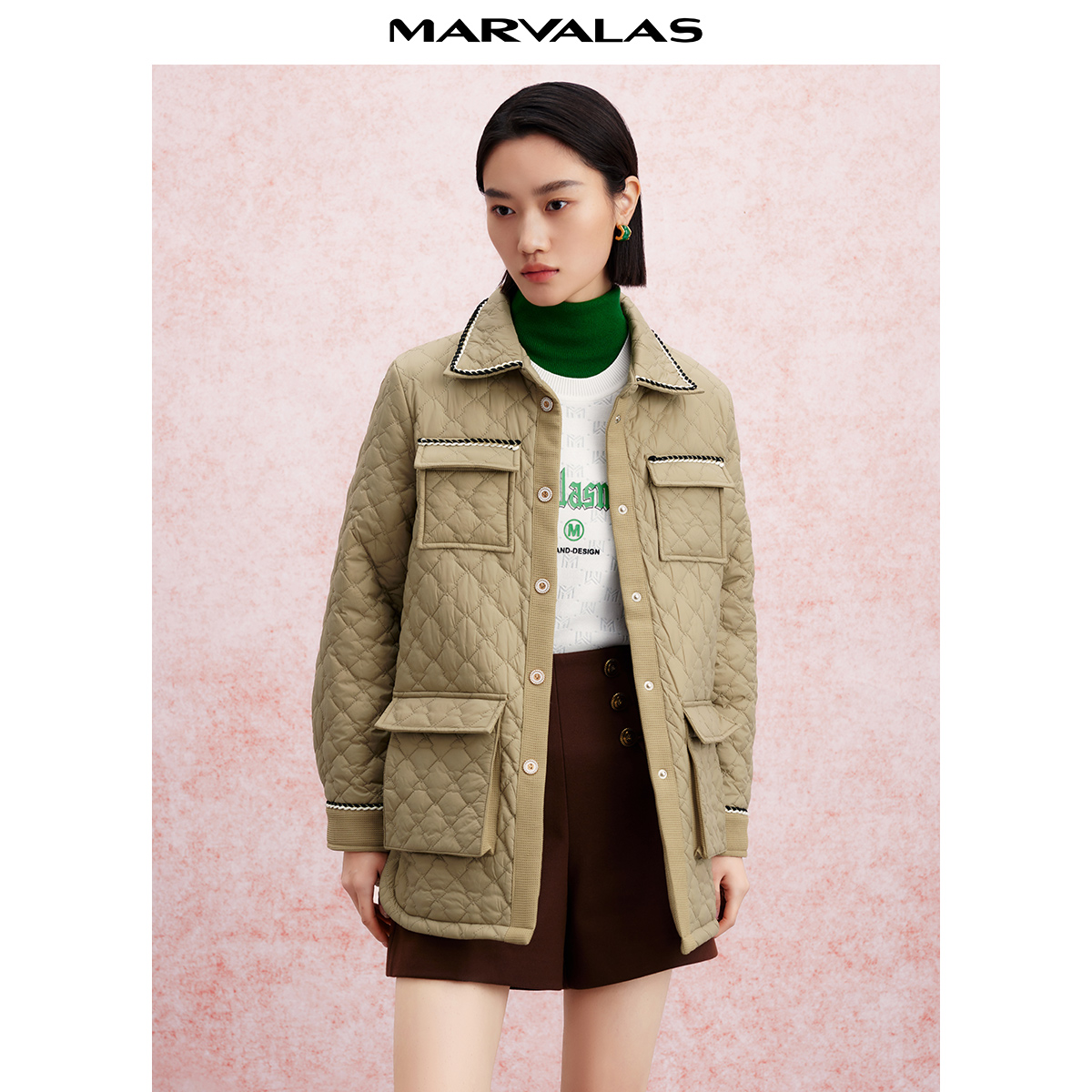 【曼德诗】衬衫式棉服2023春方领保暖纯色棉衣复古时尚MC425305632