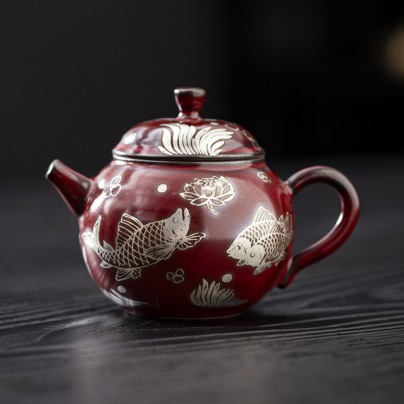 原矿老岩泥陶瓷鱼藻纹圆满壶家用办公正把茶壶功夫茶具茶壶206