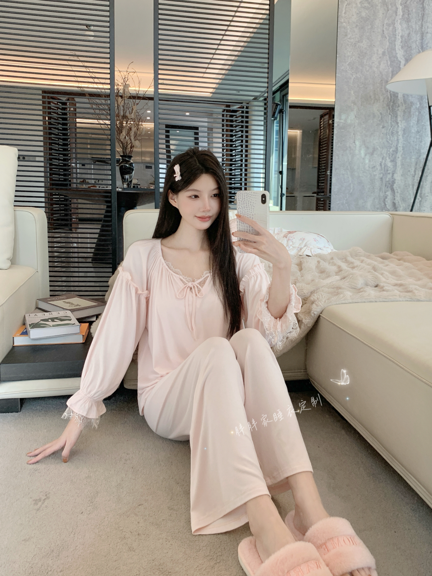 【仙品睡衣】秋季睡衣女代尔棉长袖纯欲蕾丝纯色家居服可外穿