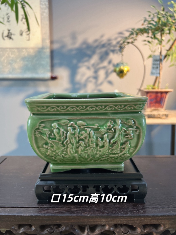 浮雕冰裂八仙过海创意四方大肚花盆带底座适合绿植种植