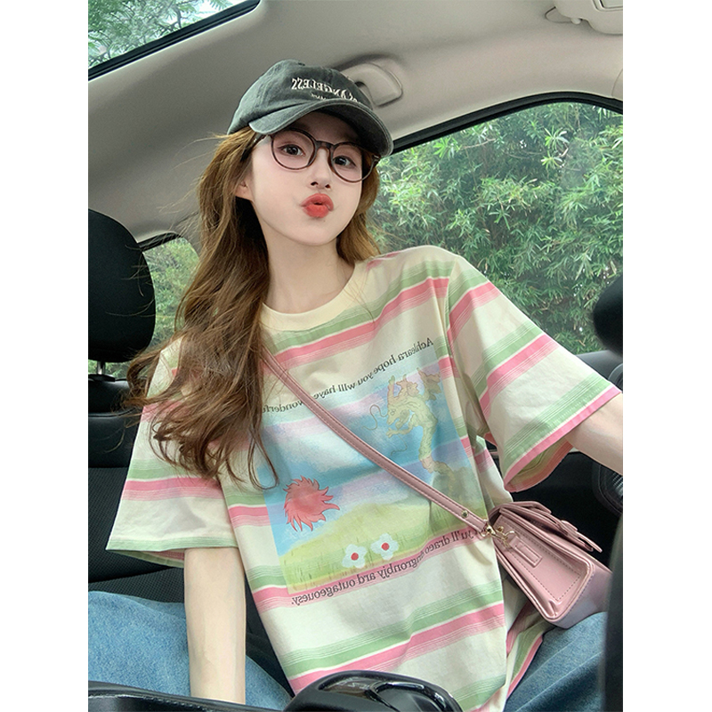 设计感彩色条纹短袖t恤女2025新款夏季美式宽松减龄小众印花上衣