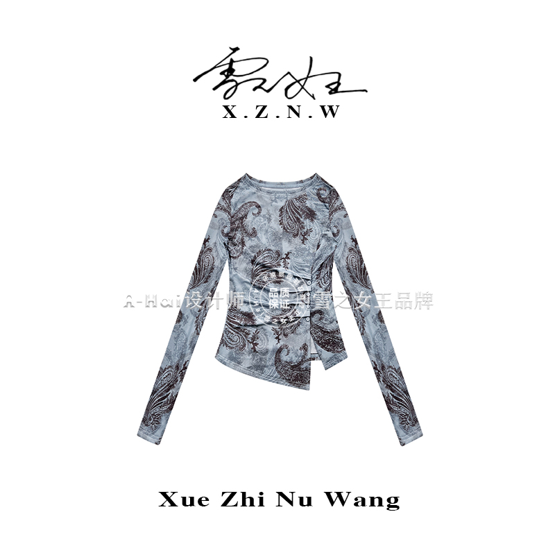 A Hai【扣心蓝调】秋冬季厚款纽扣装饰设计感腰果花T恤女显瘦打底衫