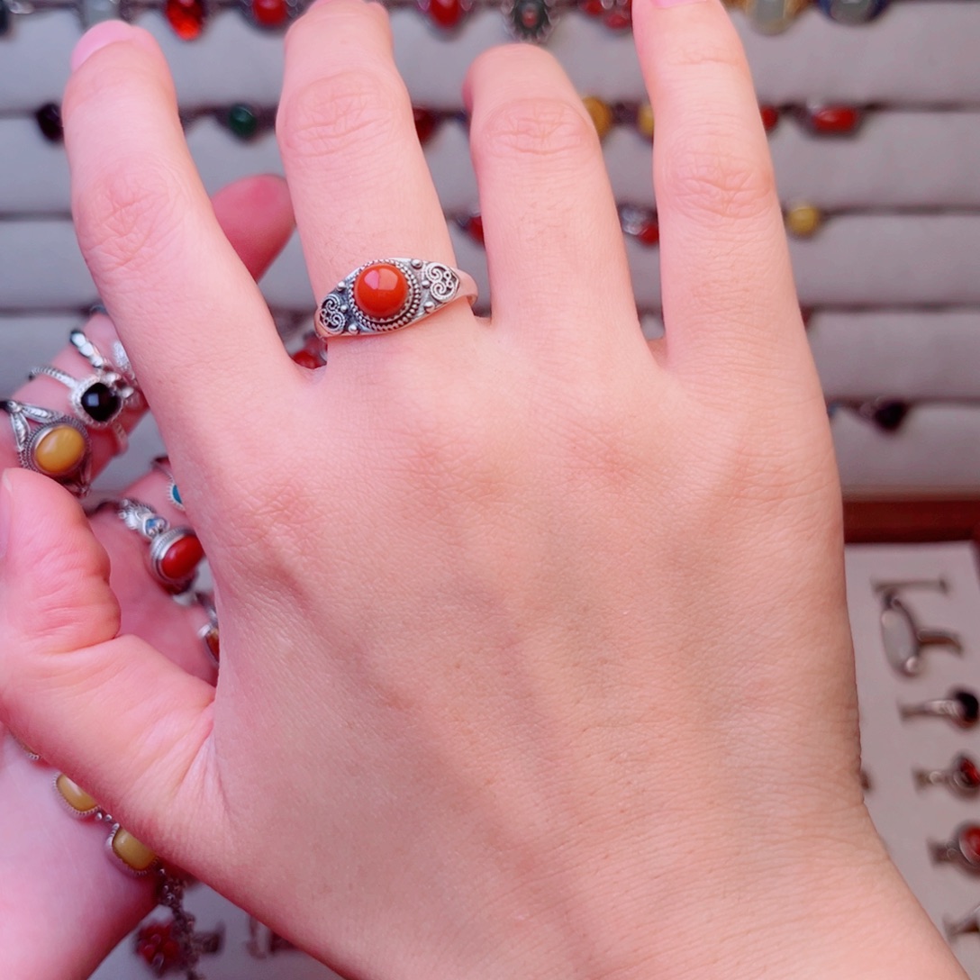 石***姐足银大理石红色纯银戒指