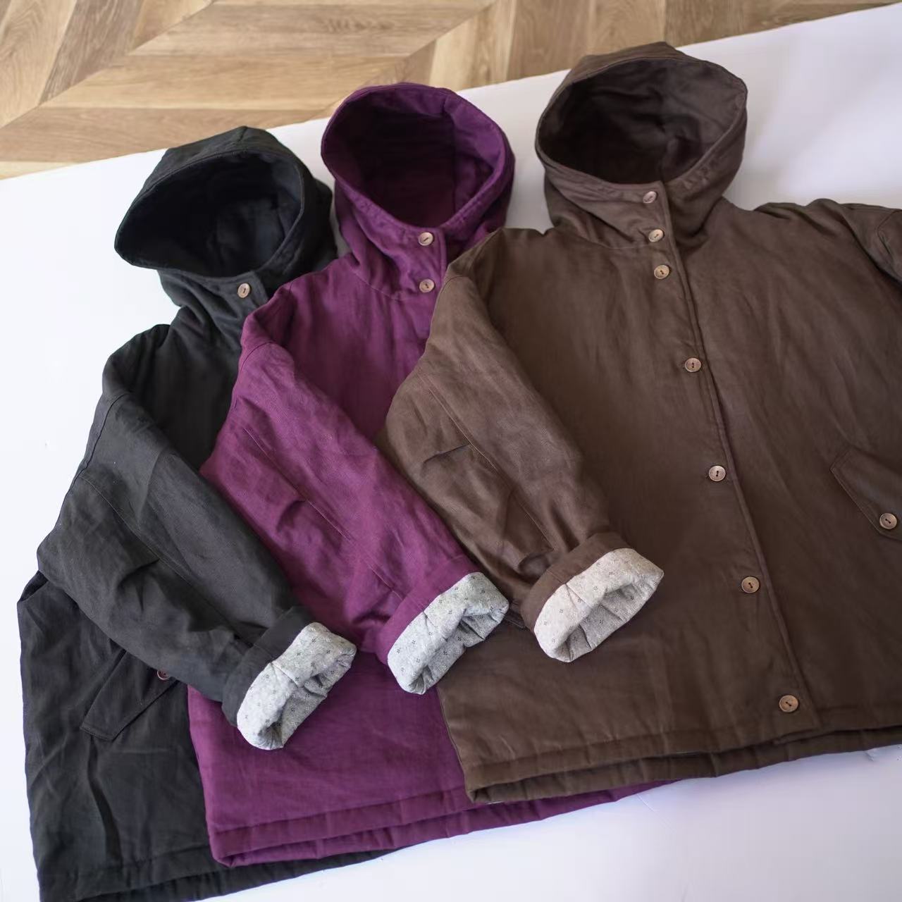 兰姐服饰直播间冬季新款百搭纯色九支汉麻连帽桑蚕丝棉服1156