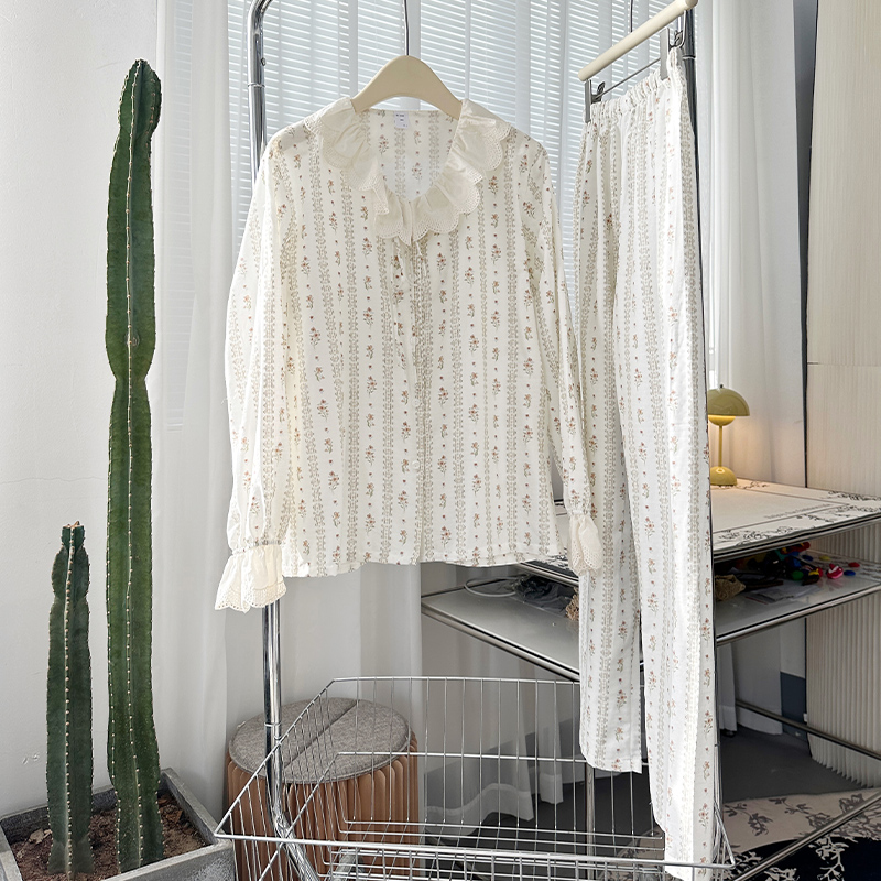 2025年春季新款A类双层纱棉睡衣法式风休闲 舒适女士家居服套装