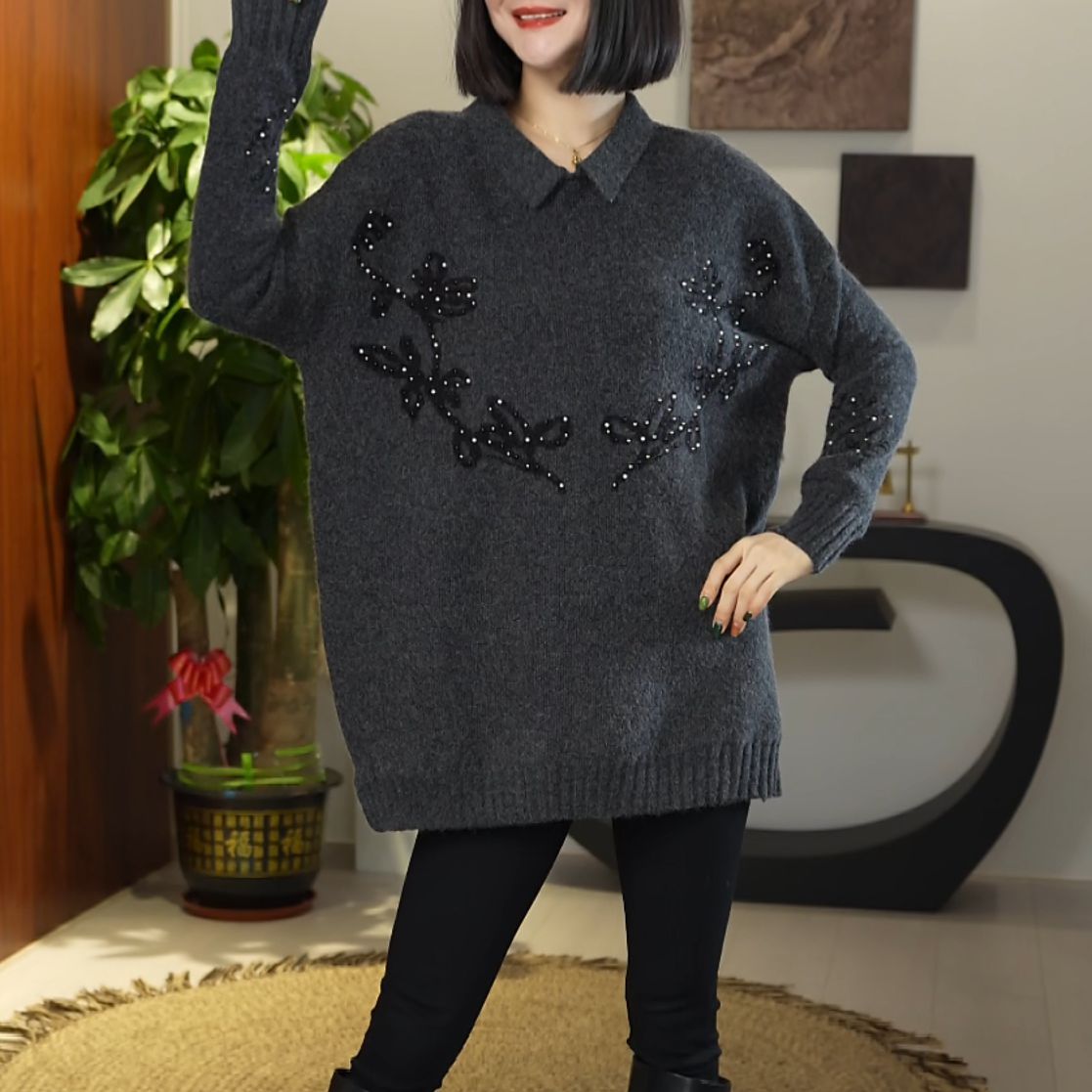 时尚洋气秋冬娃娃领新款上衣2025微胖大码遮肉显瘦毛衣