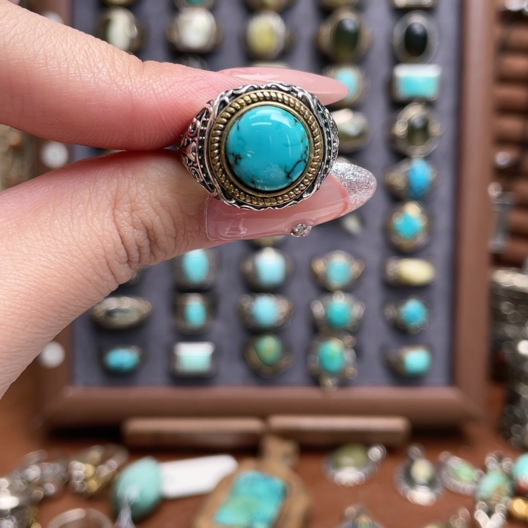 绿松石银S925镀金镶嵌戒指