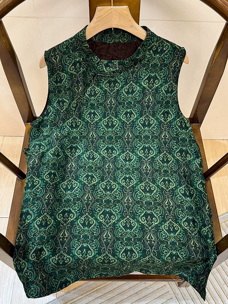 深圳南油新中式孔雀绿无袖中长款上衣--74