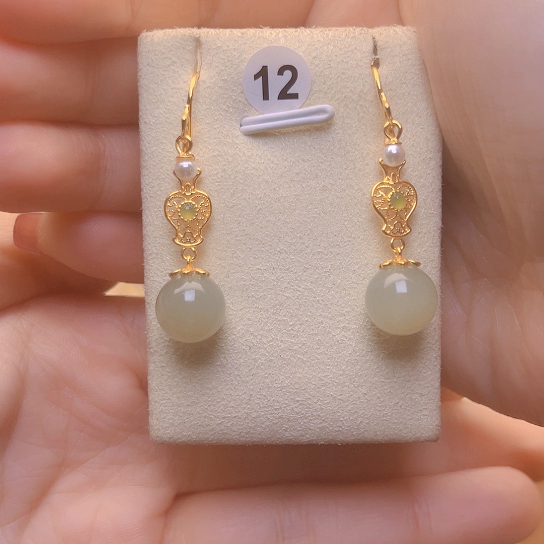 和田玉银S925镀金镶嵌耳饰