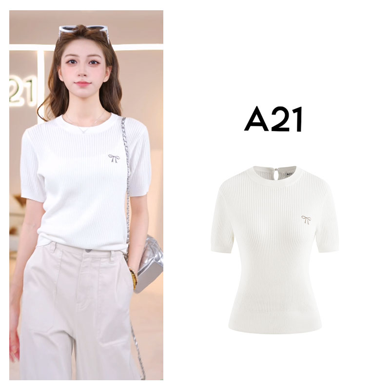 A21女装宽松圆领短袖套头毛针织衫上衣F452243014