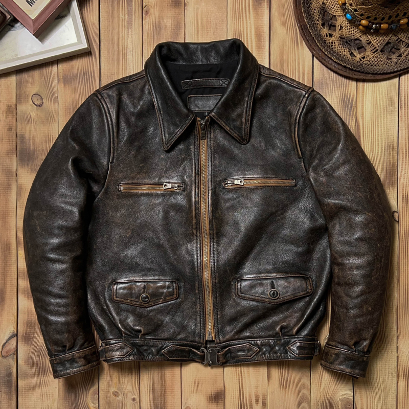 哈特曼德飞复古真皮皮衣石磨做旧蜡染植鞣牛皮飞行服皮夹克外套男