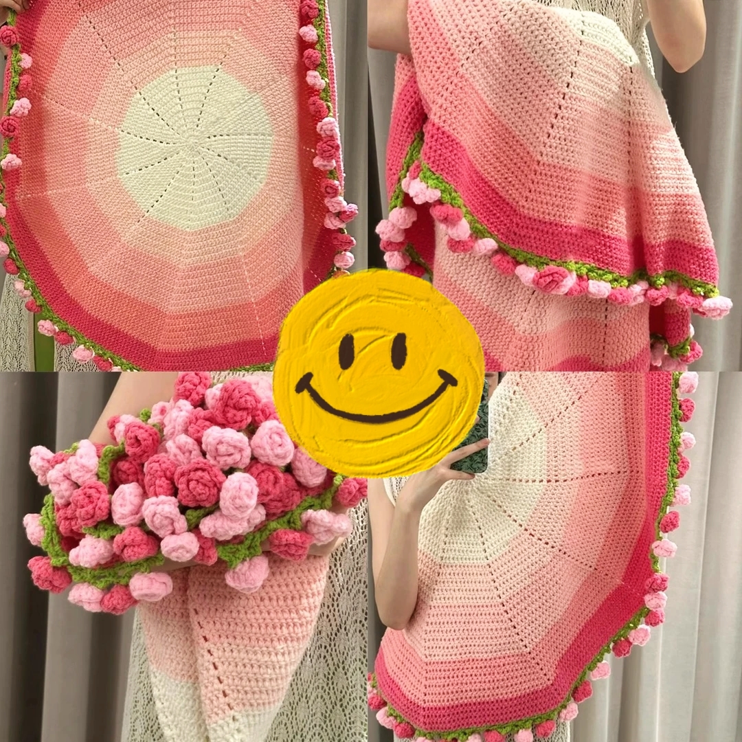 粉色渐变玫瑰花毯子手工钩织花束创意礼物