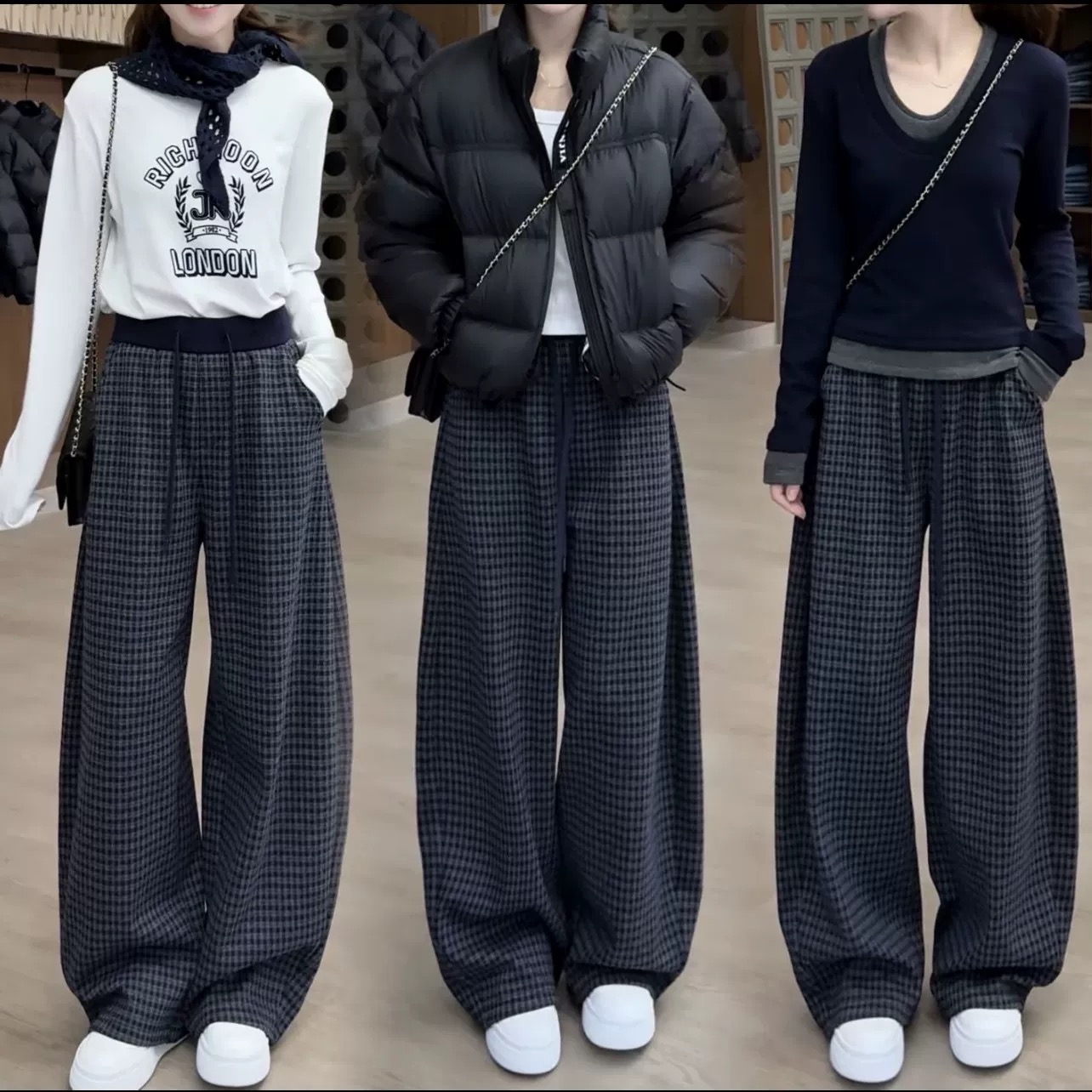 秋冬新款加绒保暖阔腿裤休闲百搭格子裤高腰宽松显瘦弯刀裤L1188