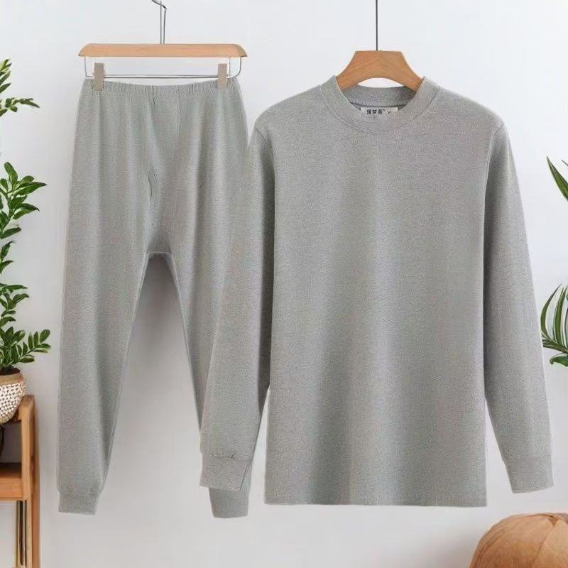 中老年人男士秋衣秋裤大码线衣线裤纯棉套装宽松高领全棉打底上衣