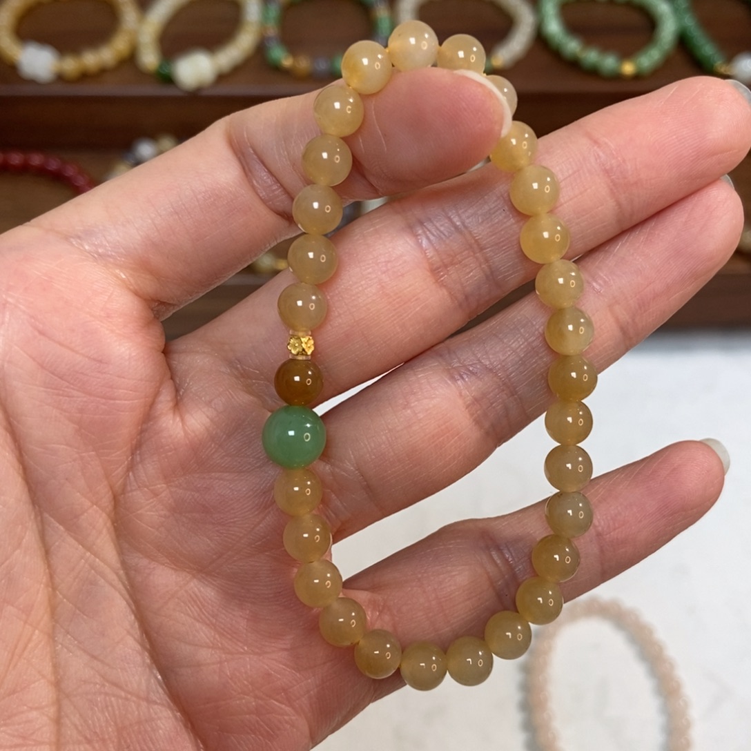 和田玉18K金镶嵌手链6mm且末糖白