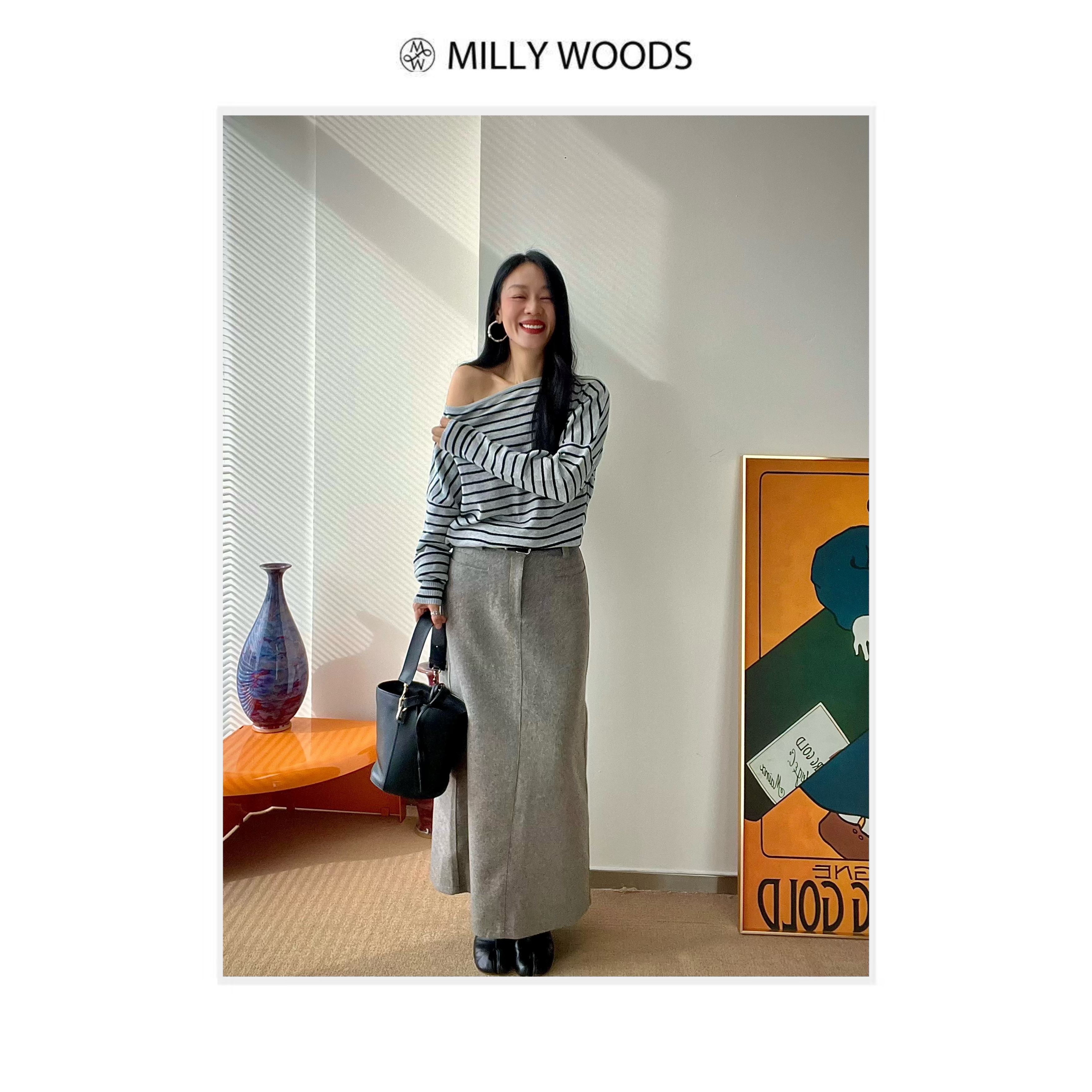 条纹侧肩长袖针织