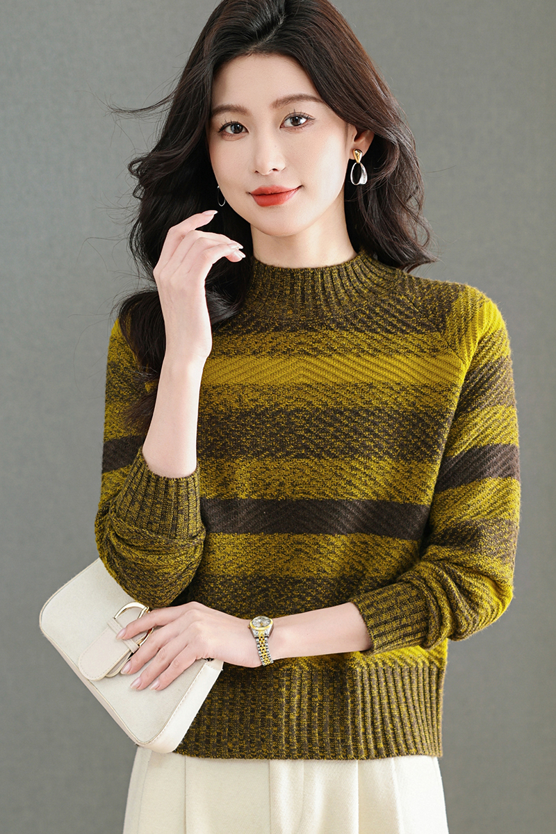 【羊毛衫】新款秋冬女士圆领羊毛衫厚款保暖洋气条纹宽松毛衣打底