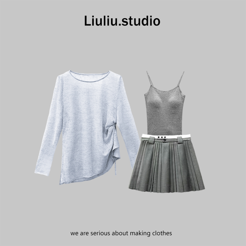 LiuLiu定制【晴空碧蓝】设计感透感防晒+吊带背心+百褶短裙三件套