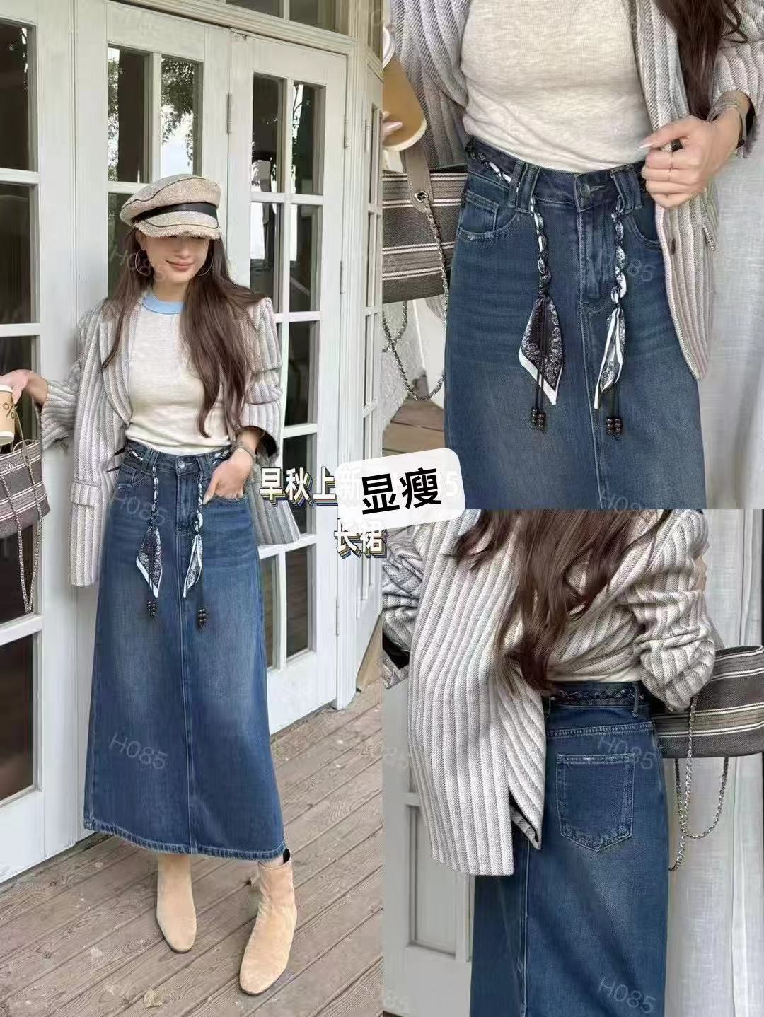 （小纪服饰专属）秋新欧货精品女时尚高腰丝巾腰带后开叉牛仔半身