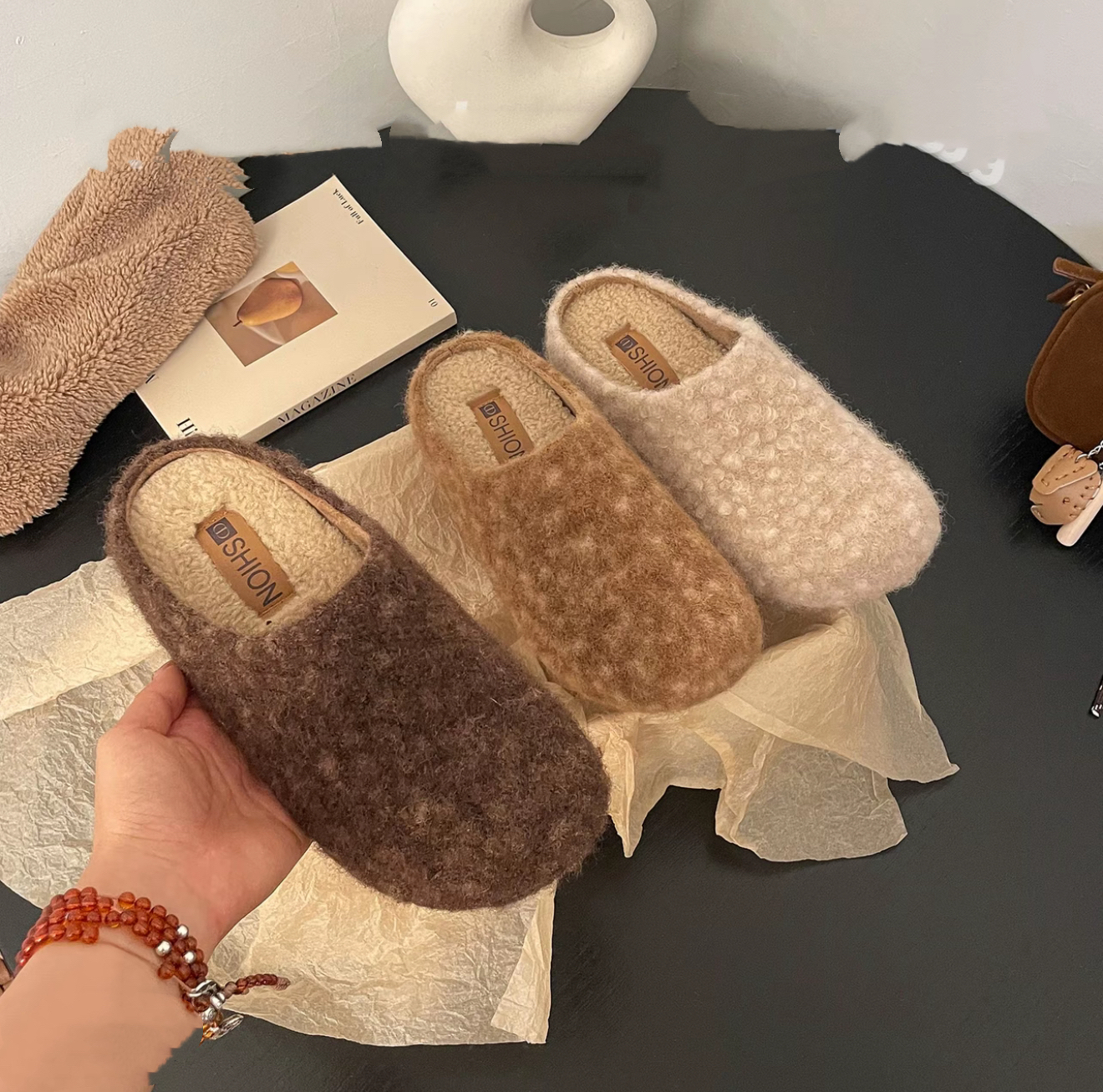 108-1勃肯毛毛拖鞋女外穿加绒保暖包头半拖懒人一脚蹬