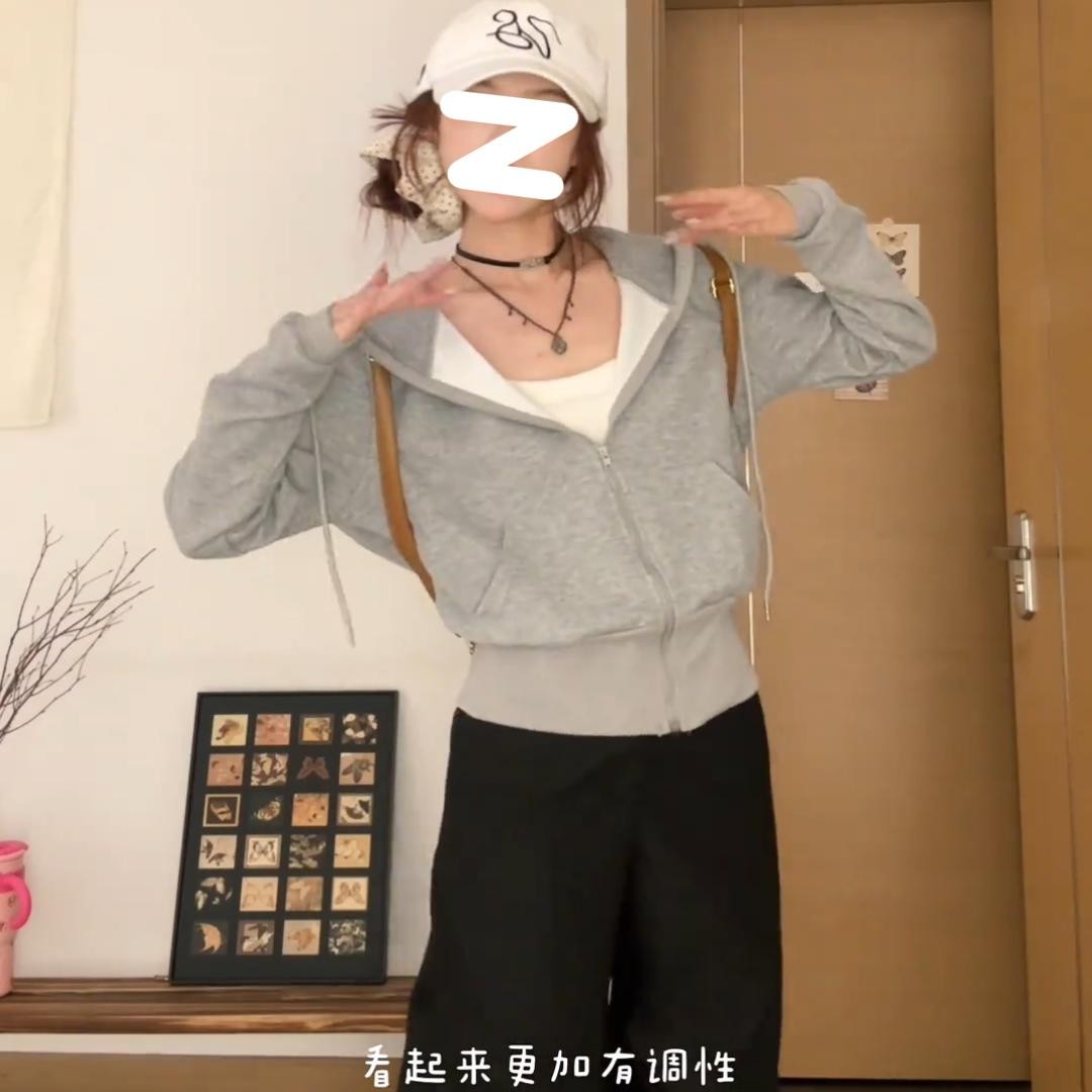 短款长袖连帽卫衣2025春季新款女装大码胖mm复古气质显瘦减龄外套
