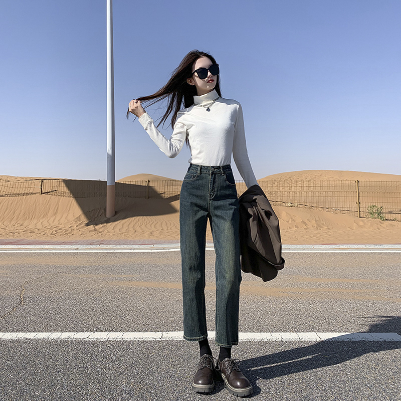 牛仔裤女2025新款高腰加绒烟管裤直筒爆款流光风九分显瘦法棍裤子