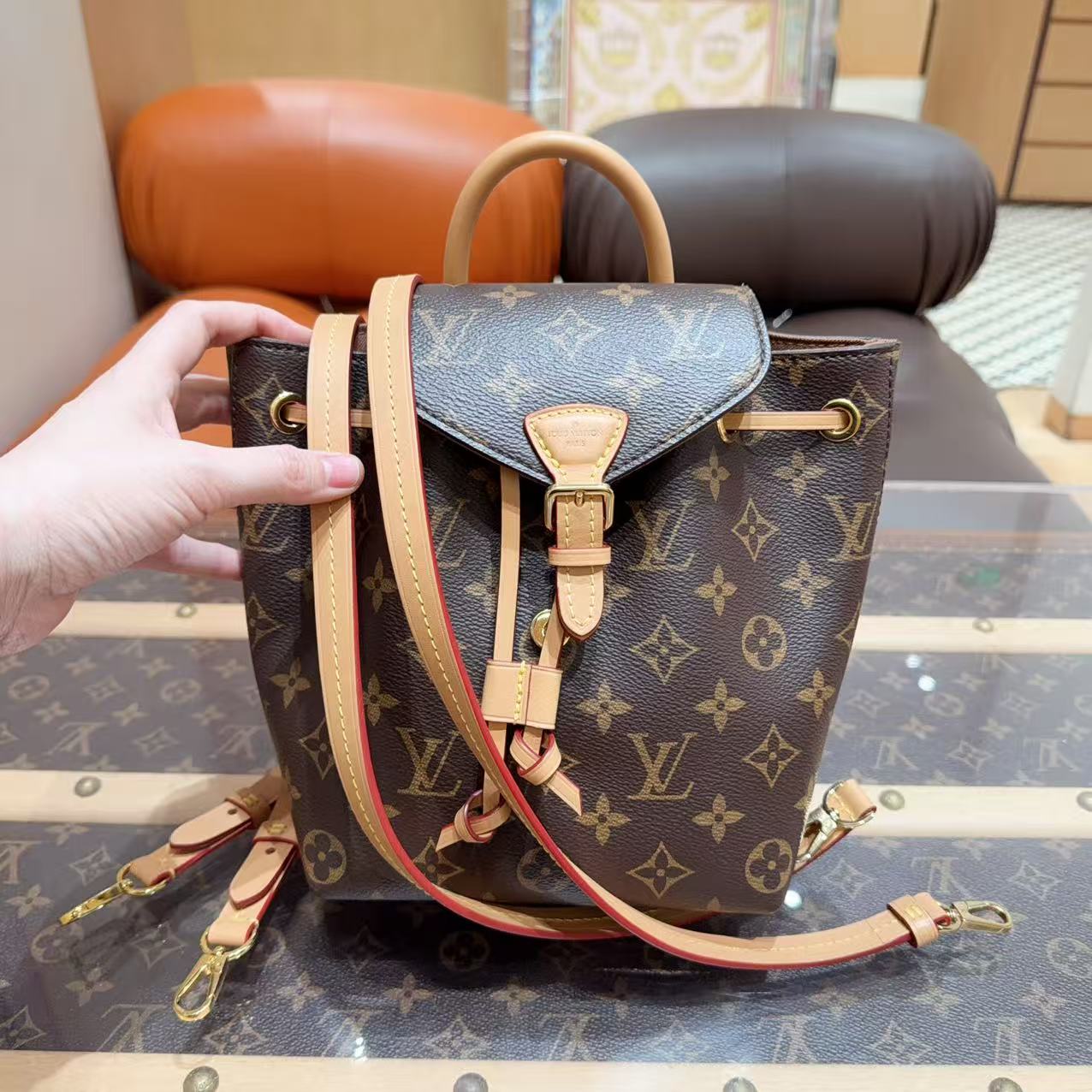 99新 LouisVuitton/路易威登 Montsouris BB 帆布拼牛皮革 背包双