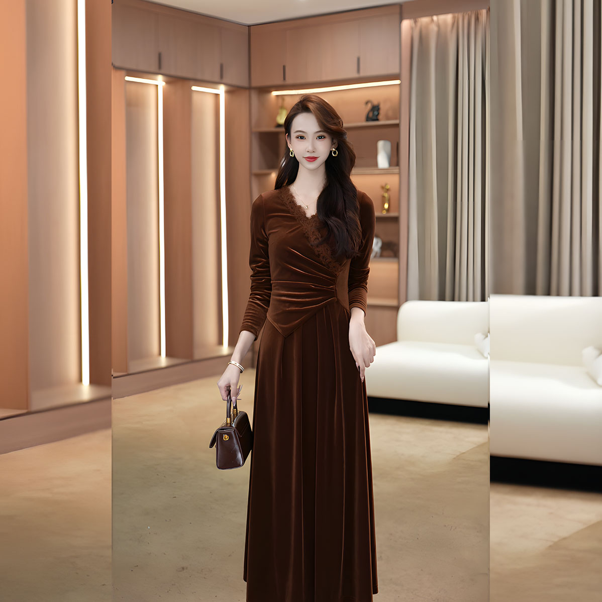 之之【摩卡迷雾】秋冬法式蕾丝花边假两件丝绒连衣裙-YSJ9365021