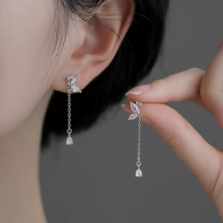 足银合成锆石耳饰 足银999蝴蝶流苏吊坠耳饰长款耳钉设计感素款女
