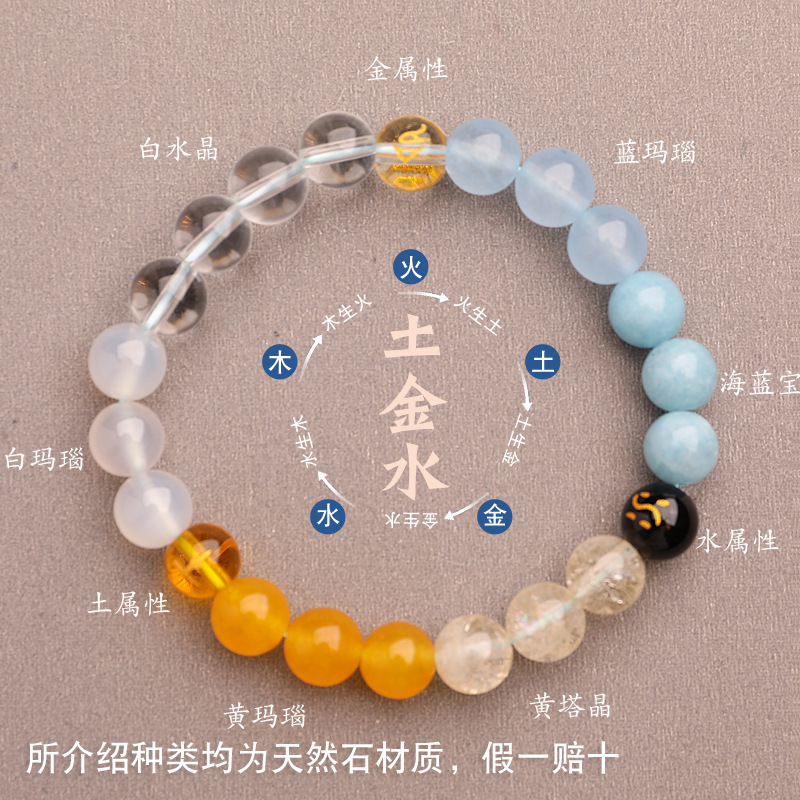 五行缺补喜用金土水手链天然水晶多宝三属性手串平衡能量吉祥饰品