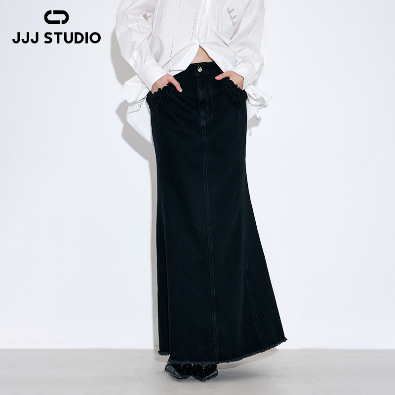 JJJ STUDIO黑色手工立体花装饰高腰酷感鱼尾牛仔半身裙JUWWS1Q042