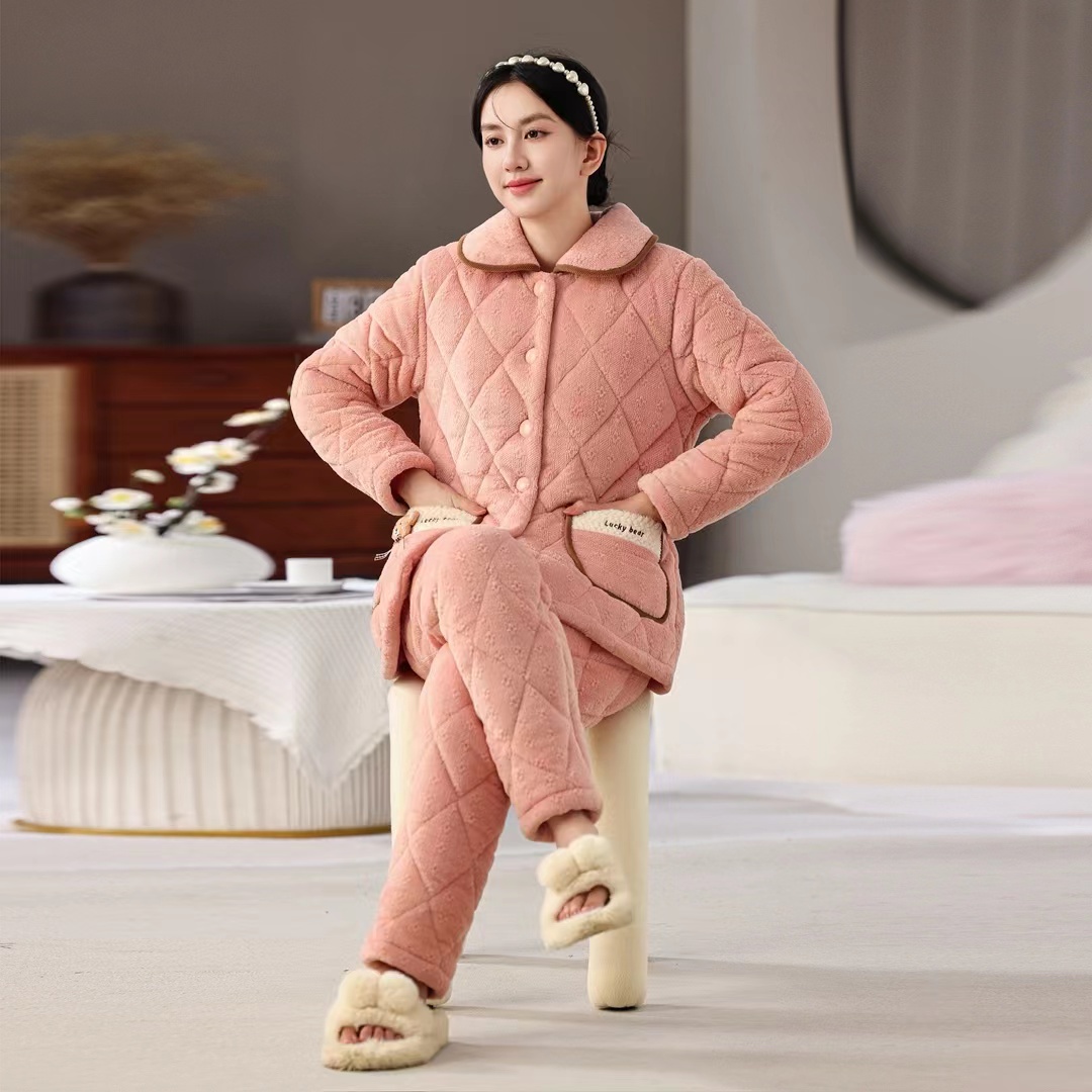 睡衣翻领女冬天舒适居家家居服套装加绒加厚长袖女士套装冬款