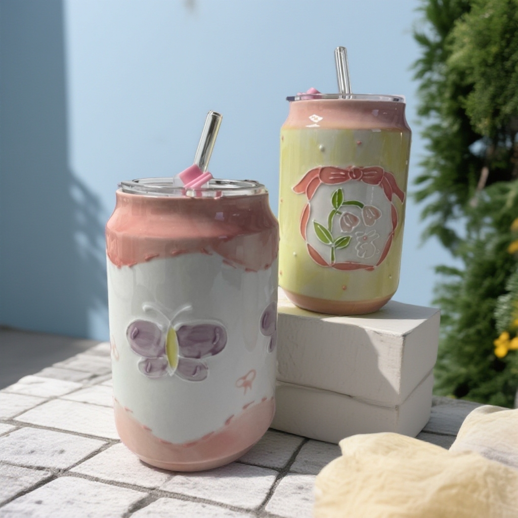 福利品可爱手绘带盖吸管陶瓷马克杯