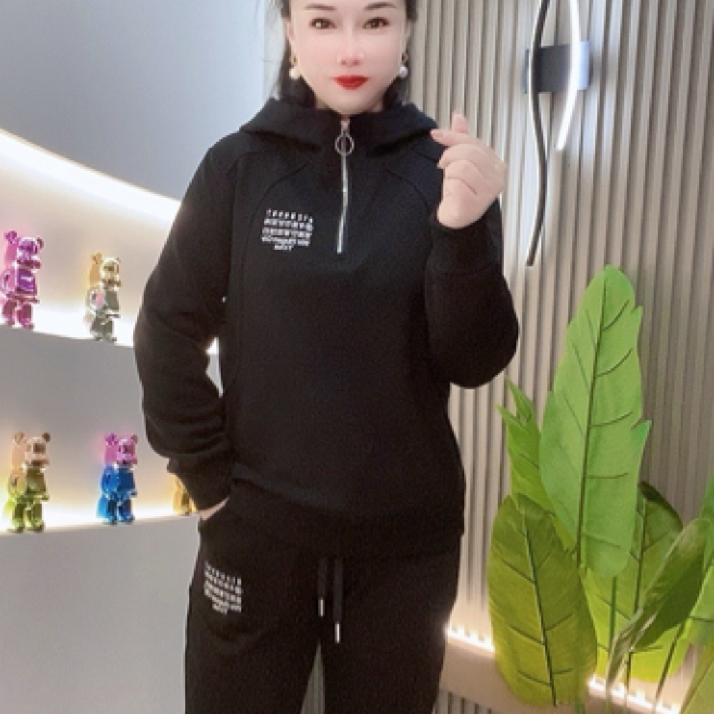 帽款拉链刺绣加绒网红运动套装休闲（加绒）女装秋季卫衣秋冬长袖