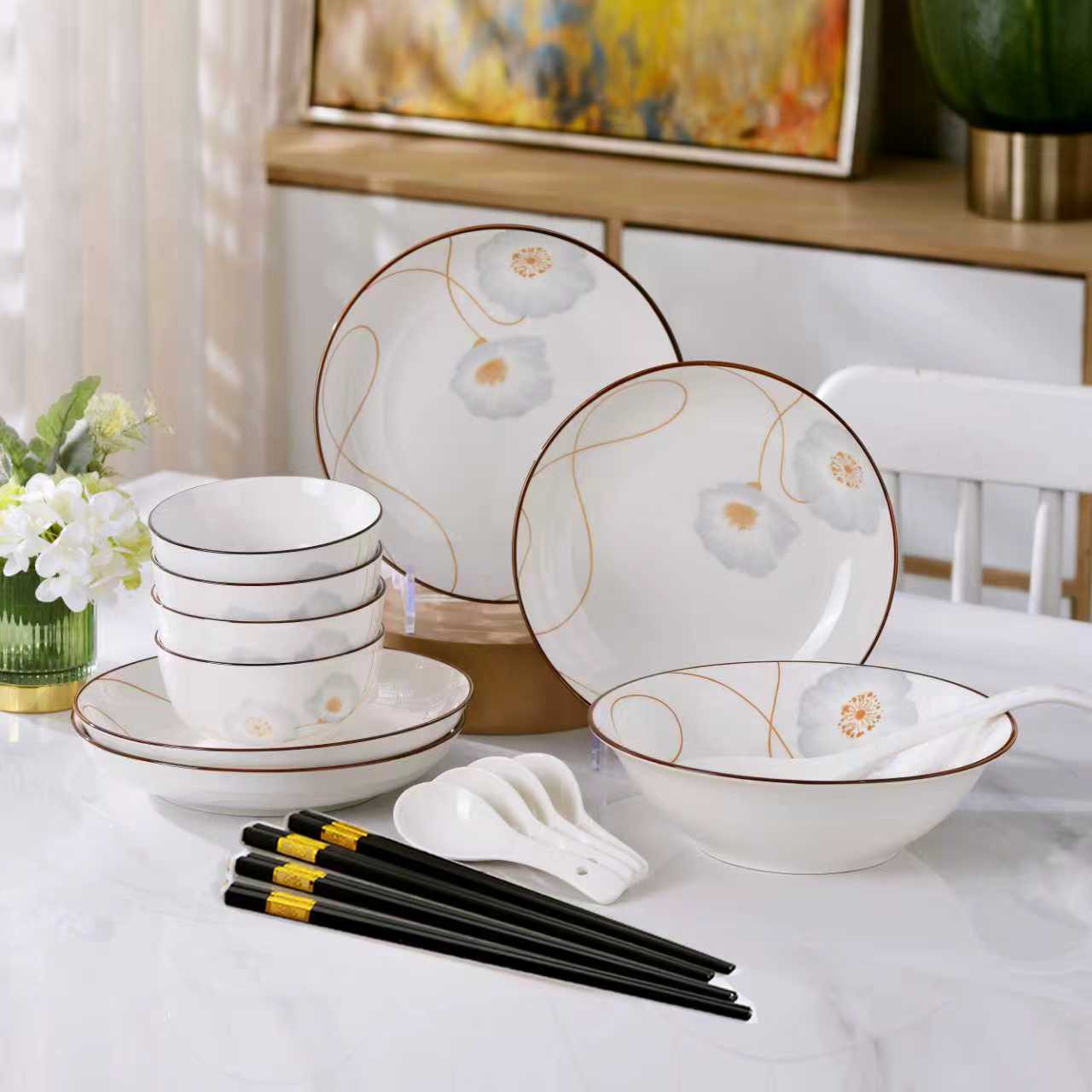 【拉萨发货】釉下彩食品级陶瓷家用餐具套装碗轻奢简约加厚防烫