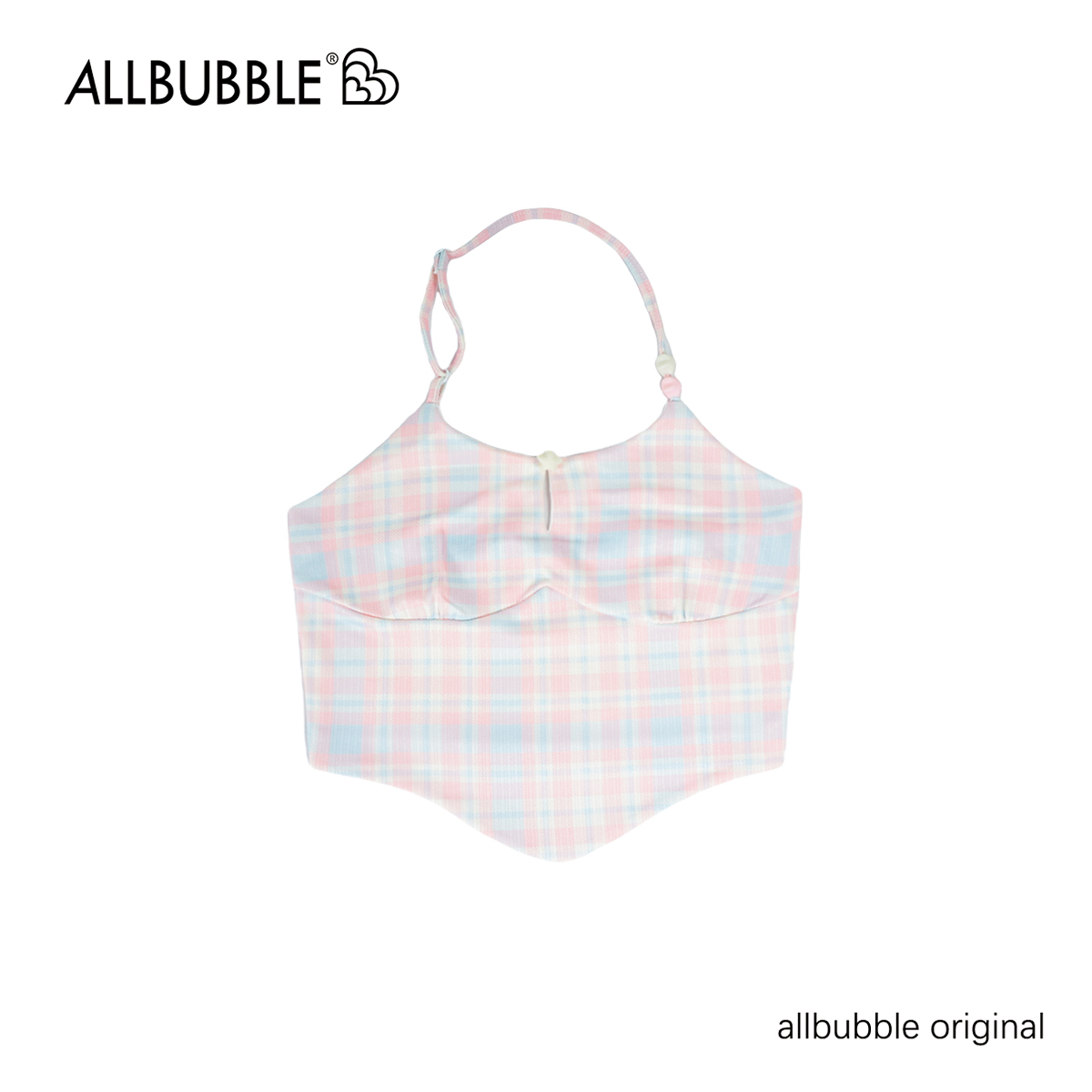 Allbubble原创粉白甜星丨粉蓝清新格纹挂脖式短款收腰背心