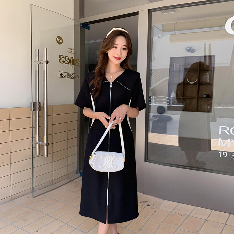 夏季新款气质中长款显瘦遮肉连衣裙小黑裙黑色裙子ZL52686